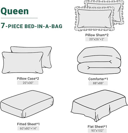 JOLLYVOGUE Queen Comforter Set 7 Pieces, Green Bed in a Bag Comforter Set for Bedroom, Bedding Comforter Sets with Comforter, Sheets,Ruffled Shams & Pillowcases
