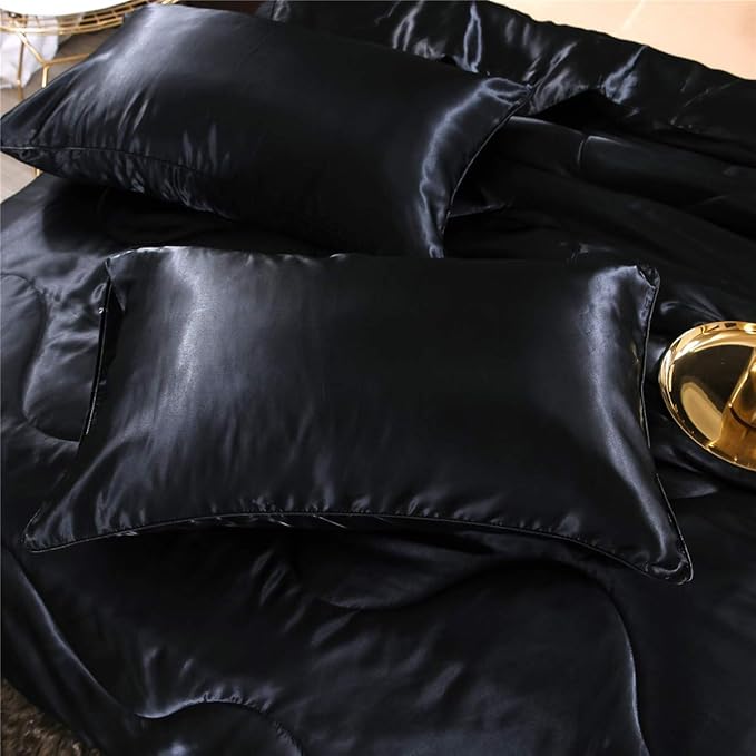 NTBED Silky Satin Comforter Set King Black, Soft Lightweight Microfiber Luxury Sexy Quilted Bedding Sets with 2 Matching Pillow Covers for Summer Spring Autumn