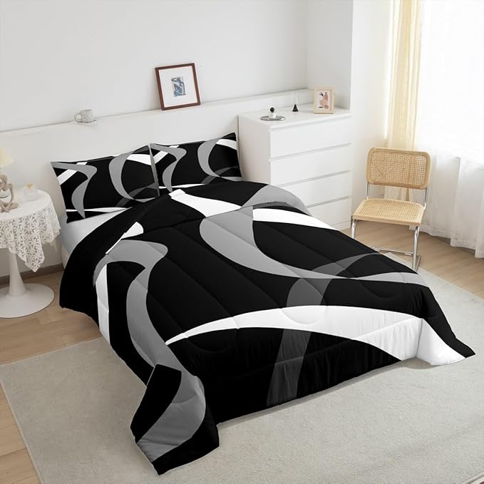 Erosebridal Black White Grey Bedding Comforter Sets Dark Gray Striped Abstract Bedding Set Full for Boys Teen Men Geometric Stripes Down Comforter Modern Fashion Quilt Duvet