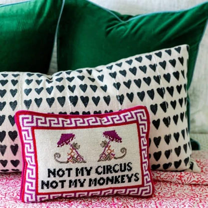 FURBISH Needlepoint Decorative Throw Pillow - Not My Circus Not My Monkeys, Small Embroidered Accent Pillow for Bed, Chair, Couch, Sofa, Eclectic Home Decor, 10" x 14"