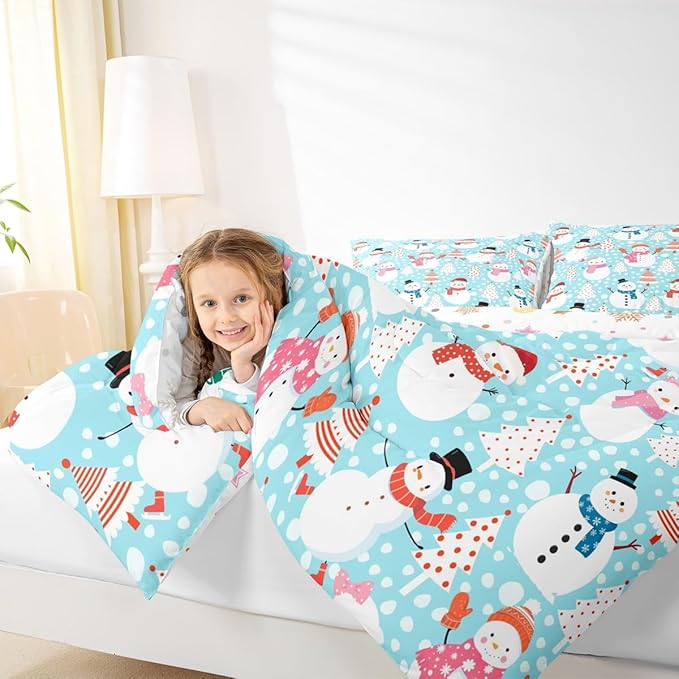 Cute Snowman Comforter Set Full Size Cartoon Christmas Tree Bedding Set 3Pcs Red White Dots Print Theme Quilt Set for Kids Girls Boys Room Decor Watercolor Blue Duvet Insert,2 Pillowcases