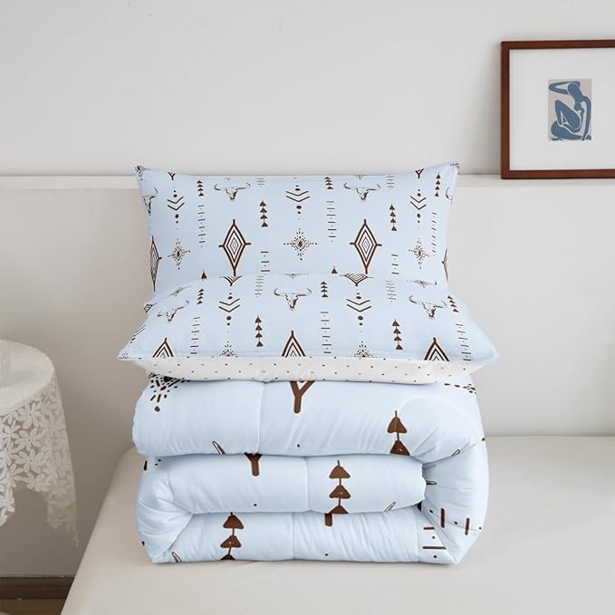 Feelyou Bull Skull Western Bedding Set Toddler Size Ethnic Horns Boho Comforter Kids Adult Tribal Symbol Mysterious Aztec Comforter Set Soft Microfiber