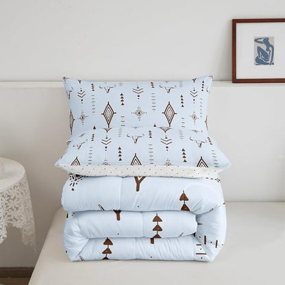Feelyou Bull Skull Western Bedding Set Toddler Size Ethnic Horns Boho Comforter Kids Adult Tribal Symbol Mysterious Aztec Comforter Set Soft Microfiber