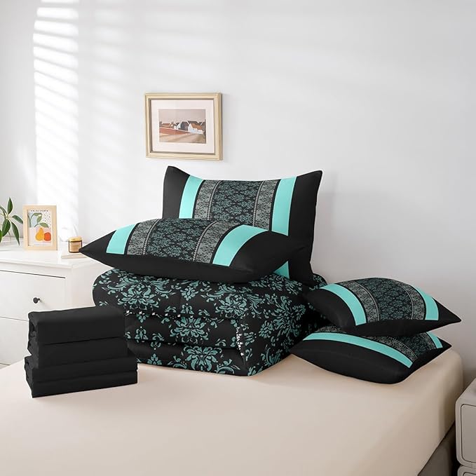 jejeloiu Adult Classic Jacquard 7 Piece Bedding Set Full Size Damask Pattern Comforter Set with Sheets for Boys Girls Black Teal Stripe Bed in a Bag Baroque Bed Set