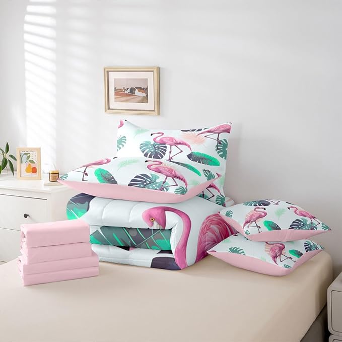 Erosebridal Girls Kids Flamingo Animal Pink Green Comforter Set Queen Size 7 Pieces | Tropical Leaves Bed in A Bag Botanical Bed Set Women Kids Bedding
