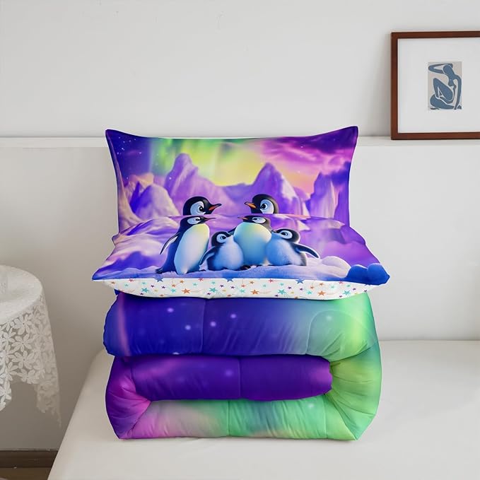 Cartoon Penguin Family Comforter Toddler,Watercolor Aurora Neon Purple Green Quilt Comforter with 1 Pillowcase,Cute Wildlife 3D Mountain Bedding Set Comfortable,Soft and Breathable