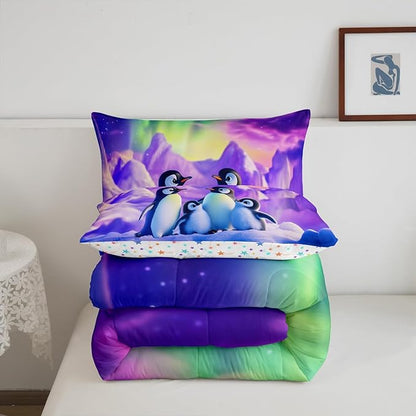 Cartoon Penguin Family Comforter Toddler,Watercolor Aurora Neon Purple Green Quilt Comforter with 1 Pillowcase,Cute Wildlife 3D Mountain Bedding Set Comfortable,Soft and Breathable