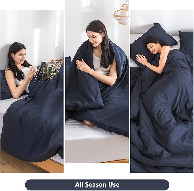 COTTEBED Dark Blue Queen Comforter Set with 2 Pillowshams, Ultra-Soft Bedding Comforter Sets for Full Bed Fluffy Washed Cotton Microfiber Alternative Down All Seasons Use (Dark Navy Blue,Full/Queen)