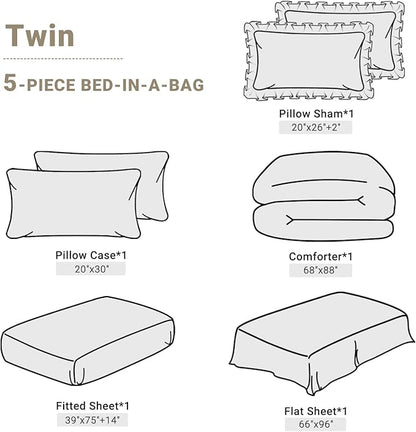 JOLLYVOGUE Beige Twin Size Comforter Sets 5 Pieces,Pintuck Bed in a Bag Comforter Set for Bedroom, Bedding Comforter Sets with Comforter, Sheets,Ruffled Shams & Pillowcases