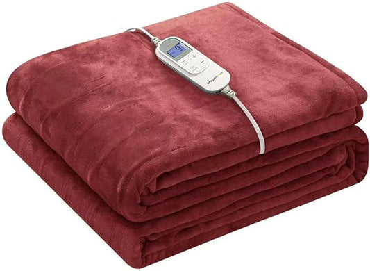 Wapaneus Heated Blanket Electric Twin Size 62"x84" with 10 Heating Levels 12 Timer Settings 8 Hours Auto-Shut Off,Flannel Fast-Heating Electric Blanket,ETL Listed Machine Washable,Red