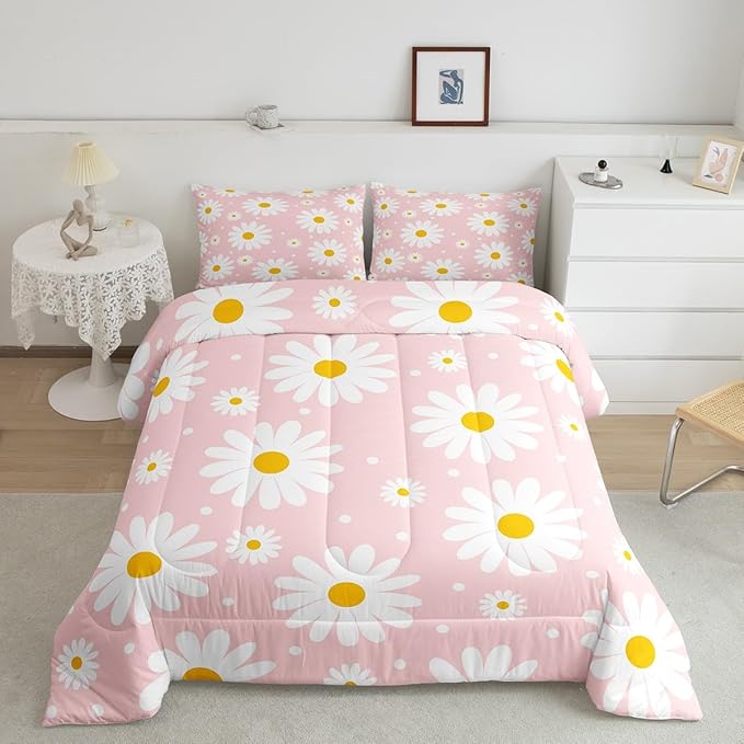 Erosebridal Flower Comforter Set Pink Daisy Floral Girls Toddler Bedding Set Cute Cartoon Flowers Comforter for Kids Teen Women Bedroom All Season,Kawaii Bed Set with 1 Pillowcase