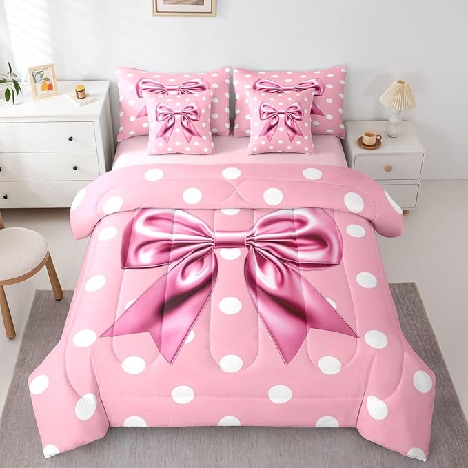 Feelyou Pink Bowknot 7 Piece Bedding Set Polka Point Comforter Set with Sheets for Kids Boys Girls Cute Bow Bed in a Bag Princess Theme Bed Set Soft Lightweight