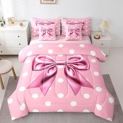 Feelyou Pink Bowknot 7 Piece Bedding Set Polka Point Comforter Set with Sheets for Kids Boys Girls Cute Bow Bed in a Bag Princess Theme Bed Set Soft Lightweight