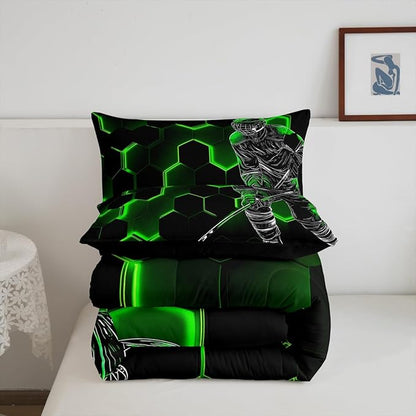 Erosebridal Twin Comforter Set for Boys,Ice Hockey Bedding Set for Kids,Green Neon Honeycomb Quilted Duvet,Winter Hockey Puck Sketch Duvet Insert with 1 Pillowcase Lightweight Warm