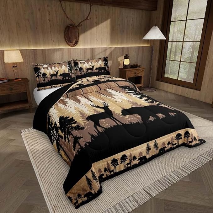 Feelyou Rustic Bear Deer Comforter Set Full Size, Wildlife Hunting Theme Quilt Set with 2 Pillowcases, Wild Animal Bedding Set 3Pcs for Kids Boys Teens Room Decor, Wooden Board Duvet Insert