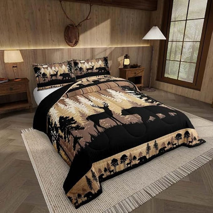 Feelyou Rustic Bear Deer Comforter Set Toddler Size, Wildlife Hunting Theme Quilt Set with 1 Pillowcases, Wild Animal Bedding Set 2pcs for Kids Boys Teens Room Decor, Wooden Board Duvet Insert