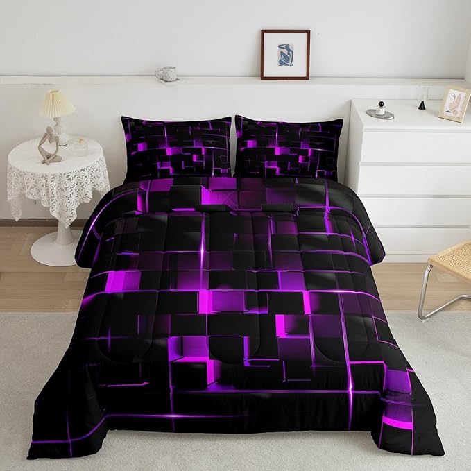 Erosebridal Geometric Violet Black Comforter Set,Light Honeycomb 3 Piece Bedding Set Full Size for Teen Boys,Modern Bedding Quilt Decor,Microfiber Lightweight 1 Comforter 2 Pillowcases