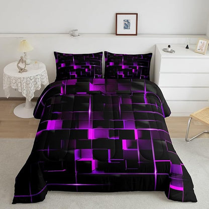 Erosebridal Geometric Violet Black Comforter Set,Light Honeycomb 3 Piece Bedding Set Full Size for Teen Boys,Modern Bedding Quilt Decor,Microfiber Lightweight 1 Comforter 2 Pillowcases