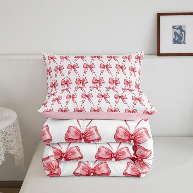 Feelyou Red Bow Comforter Set Queen Size Cute Bowknot Bedding Set Boys Girls Bow and Stripes Comforter for Kids Women Men Kawaii Duvet Set 3Pcs