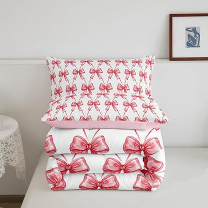 Feelyou Red Bow Comforter Set Queen Size Cute Bowknot Bedding Set Boys Girls Bow and Stripes Comforter for Kids Women Men Kawaii Duvet Set 3Pcs