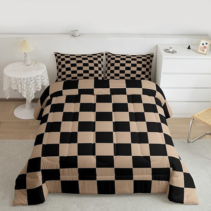 Feelyou Checkered Retro Kids Comforter Set Queen Size Brown Plaid Bedding Set Geometric Vintage Duvet Quilt for Kids Boys Girls Bedroom Modern Simple Groovy Aesthetic Decor