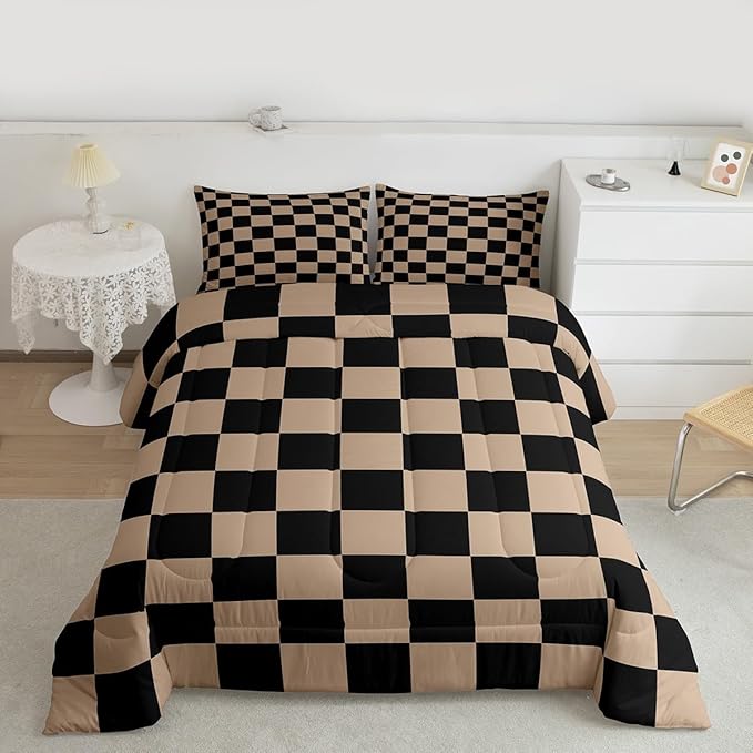Feelyou Checkered Retro Kids Comforter Set Twin Size Brown Plaid Bedding Set Geometric Vintage Duvet Quilt for Kids Boys Girls Bedroom Modern Simple Groovy Aesthetic Decor