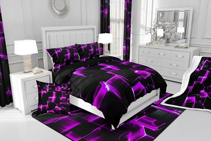 Erosebridal Purple Black Geometric Comforter Set Queen Size 3D Stereoscopic Square Bedding, Glowing Neon Squares Bed Set 3 Piece Gradient Grid Plaid Soft Microfiber Down Comforter