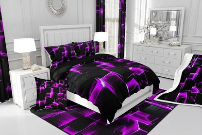 Erosebridal Purple Black Geometric Comforter Set King Size 3D Stereoscopic Square Bedding, Glowing Neon Squares Bed Set 3 Piece Gradient Grid Plaid Soft Microfiber Down Comforter