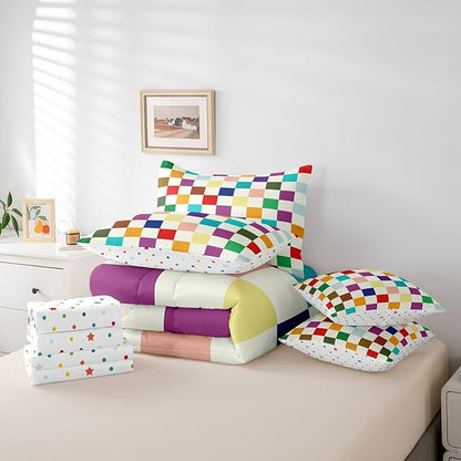 Feelyou Colorful Checkered Retro 7 Piece Bedding Set Kids Boys Girls Modern Geometric Cute Comforter Set with Sheets King Size Beige Colorful Bed in a Bag Vintage Simple Groovy Aesthetic Room Decor