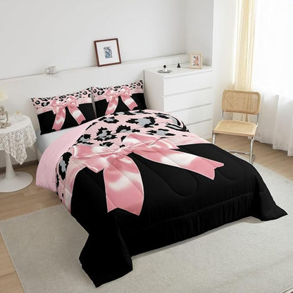 jejeloiu Pink Silk Bowknot Duvet Cover Full Size Grey Leopard Bedding Set for Kids Girls Women Black Pink Comforter Cover Set Sweet Romantic Bedspread Cover 3Pcs