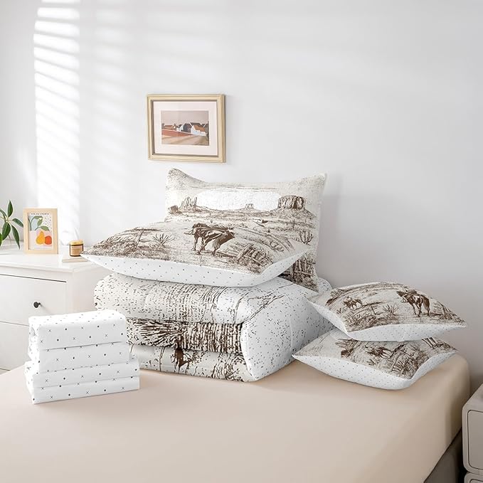 Feelyou Western Decor Comforter Set with Sheets King Size Kids West Cowboy Horse 7 Pieces Bedding Set for Boys Girls Teens Rodeo Cowboy Style Bed in a Bag Breathable Grunge Design Bed Set
