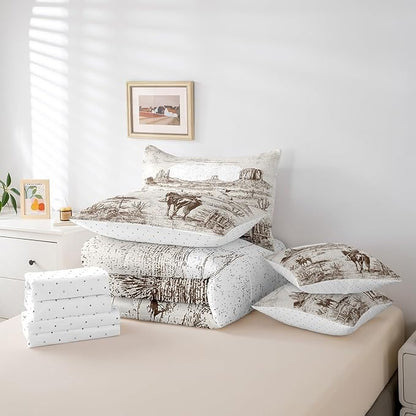Feelyou Western Decor Comforter Set with Sheets King Size Kids West Cowboy Horse 7 Pieces Bedding Set for Boys Girls Teens Rodeo Cowboy Style Bed in a Bag Breathable Grunge Design Bed Set