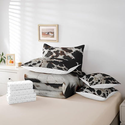 Erosebridal Brown Cowhide Bed in a Bag 7 Pieces Farm Animal Print Bedding Set, Milk Cow Fur Twin Size Comforter Set Cow Print Bedding Comforter Sets, Farmhouse Wildlife Skin Bed Set