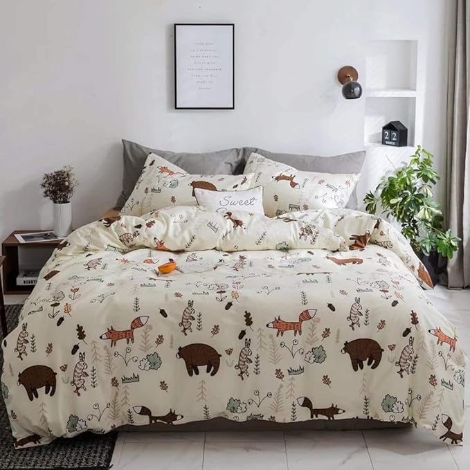Houseri Beige Bear Comforter Set Queen Teen Girls Woodland Kawaii Fox Rabbit Cartoon Bedding Sets Full Size Boys Animal Patterned Comforter Comfy Soft Forest Theme Dorm Bed Quilt Blanket Full 3 PCS