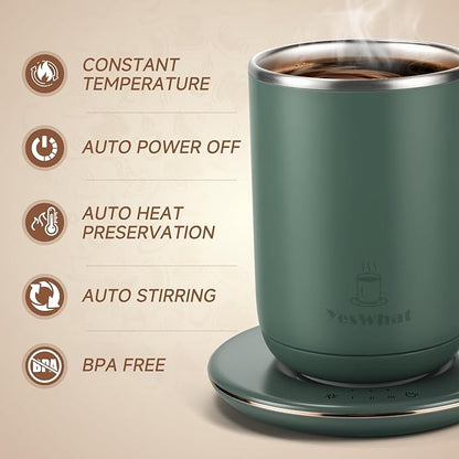 Self Stirring Heated Coffee Mug 11oz, Electric Temperature Control Mug with Auto Shut-Off, Stainless Steel Smart Coffee Cup Warmer with Detachable Heating Base for Study, Campus & Daily Use (Green)