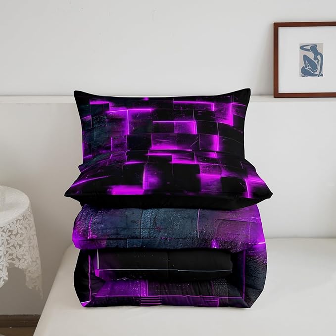 Erosebridal Black and Purple Comforter Set Queen Modern Abstract Queen Bedding, 3D Glowing Plaid Bedding Comforter Sets Gradient Grid Duvet, Neon Square Quilted Comforter 3pcs (Black Reversible)