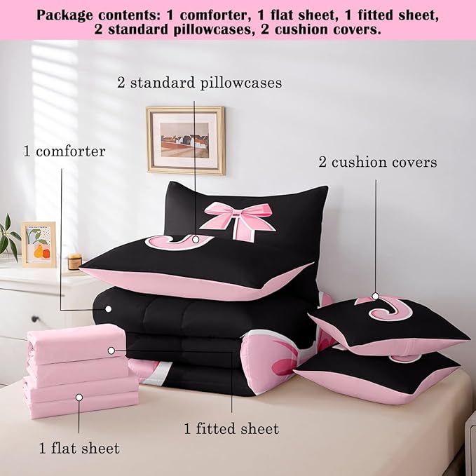 jejeloiu Kids Girls Black Pink Bow Comforter Set with Sheets Queen Size Monogrammed 7 Piece Bedding Set Personalized Initial J Bed in a Bag with Comforter,Sheets,Pillowcases Modern Fashion Bed Set