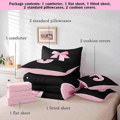jejeloiu Kids Girls Black Pink Bow Comforter Set with Sheets King Size Monogrammed 7 Piece Bedding Set Personalized Initial J Bed in a Bag with Comforter,Sheets,Pillowcases Modern Fashion Bed Set