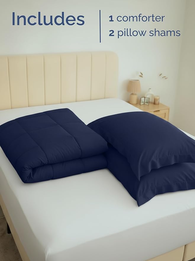 Full Comforter Set - 3 Piece Bed Set for All Seasons - 1 Soft Quilted Comforter w/ Corner Tabs & 2 Pillow Shams - Comfy, Cozy & Breathable - Premium Down Duvet Insert - Oeko-TEX - Full Size, Navy Blue