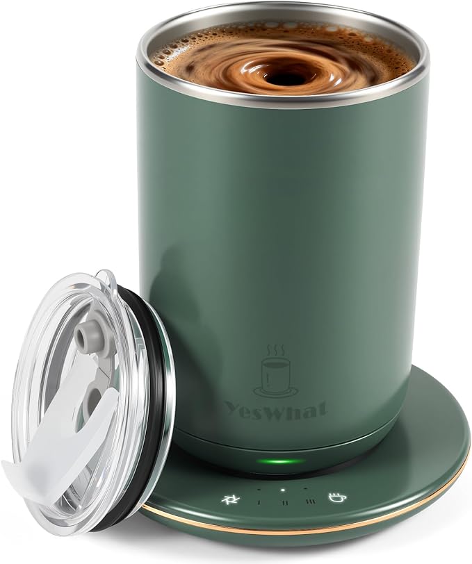 Self Stirring Heated Coffee Mug 11oz, Electric Temperature Control Mug with Auto Shut-Off, Stainless Steel Smart Coffee Cup Warmer with Detachable Heating Base for Study, Campus & Daily Use (Green)