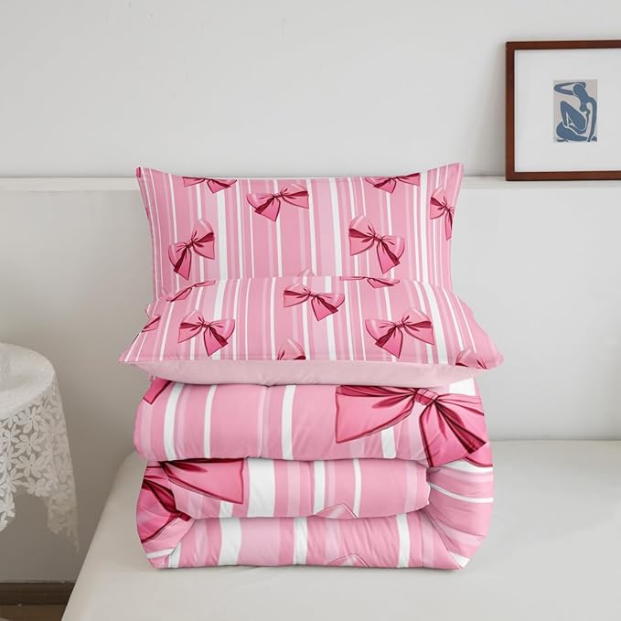 Erosebridal Pink Bowknot Bedding Set for Girls Bedroom, Dreamy Princess Toddler Size Comforter Set, Cute Bow Girly Down Comforter, Kawaii Stripes Quilt,Lightweight Bedroom Decor