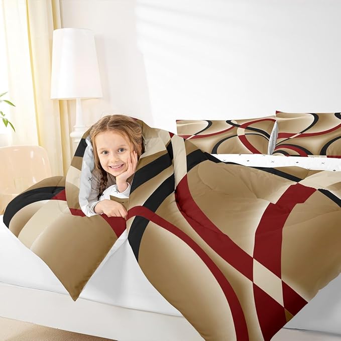 Castle Fairy Retro Circle Comforter Set Queen Size Red Brown Black Bedding Set for Kids Boys Girls Bedroom Decoration Stripe Line Art Bed Duvet Insert Geometric Modern Comforter with 2 Pillowcase