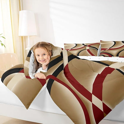 Castle Fairy Retro Circle Comforter Set Queen Size Red Brown Black Bedding Set for Kids Boys Girls Bedroom Decoration Stripe Line Art Bed Duvet Insert Geometric Modern Comforter with 2 Pillowcase