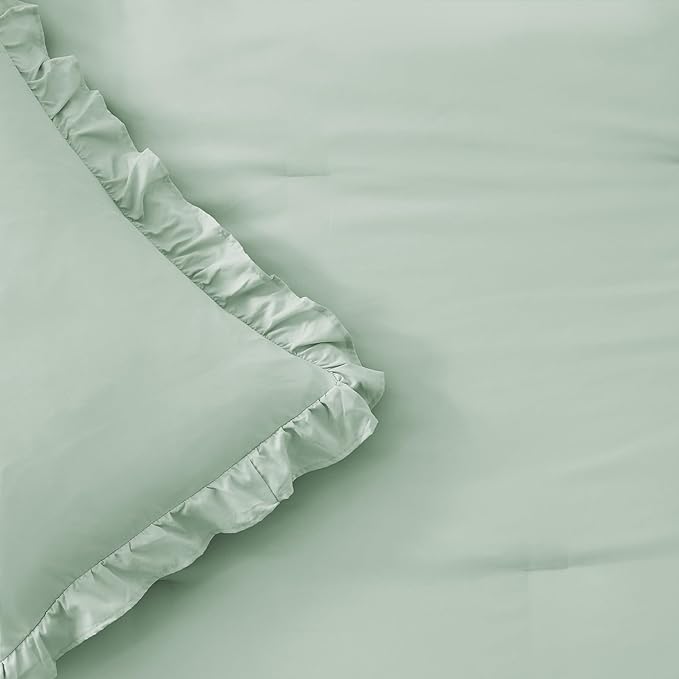 FUANNA Queen Comforter Set Sage Green, 3 Pieces Ruffle Queen Bed Set, Fluffy Bed in a Bag Queen for All Seasons, Shabby Chic Bedding Comforter Sets with 1 Lightweight Comforter & 2 Pillowshams
