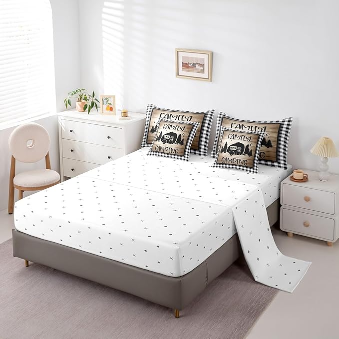 Full 7Pcs Family Camping Comforter Set - Bed in a Bag - Rv Camper - Black and White Sketch Lines Comforter Set with 1 Comforter, 1 Flat Sheet, 1 Fitted Sheet, 2 Pillowcases and 2 Throw Pillow Covers