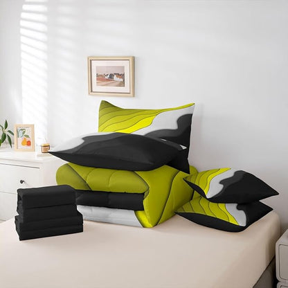 Yellow Grey Black Ombre Bedding Comforter Sets 7pcs Kids Teens Adults Geometric Stripe Bed in a Bag, Aesthetic Wave Twin Bedding Sets Modern Abstract Comforter Set, Gradient Bedding Sets & Collections