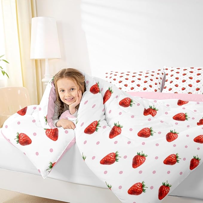jejeloiu Sweet Strawberry Duvet Cover Toddle Size 3D Print Bedding Set for Kids Boys Girls Pink Wave Dot Comforter Cover Set Kawaii Fruit Bedspread Cover 2Pcs