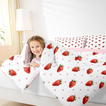 jejeloiu Sweet Strawberry Duvet Cover King Size 3D Print Bedding Set for Kids Boys Girls Pink Wave Dot Comforter Cover Set Kawaii Fruit Bedspread Cover 3Pcs