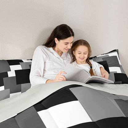 Castle Fairy Black Grey Twin Size Comforter Set for All Seasons,Black White Geometric Bedding Set Teens Bedroom Decor,Modern Square Splicing Comforter Inner Fill with 1 Pillowcase