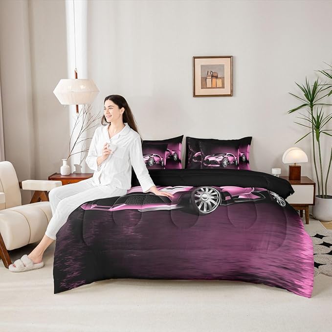 Feelyou Sports Car 7 Piece Bedding Set Pink Race Car Comforter Set with Sheets Kids Boys Girls Extreme Sports Theme Bed in a Bag Cool Speed Luxury Car Decor Bed Set with 2 Pillowcases Full Size